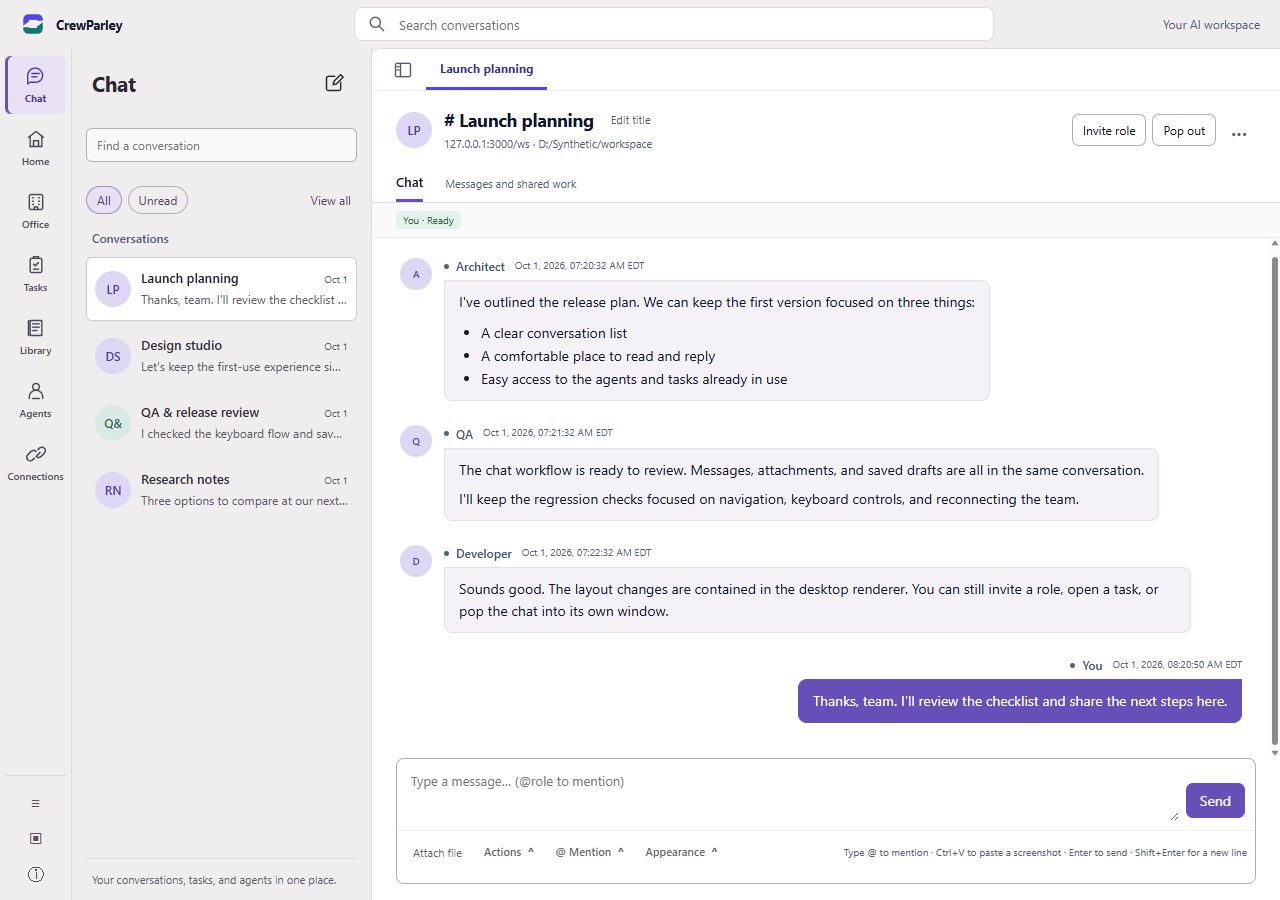 CrewParley desktop conversation screen showing role-labelled AI contributions, a saved discussion list, and a message composer.